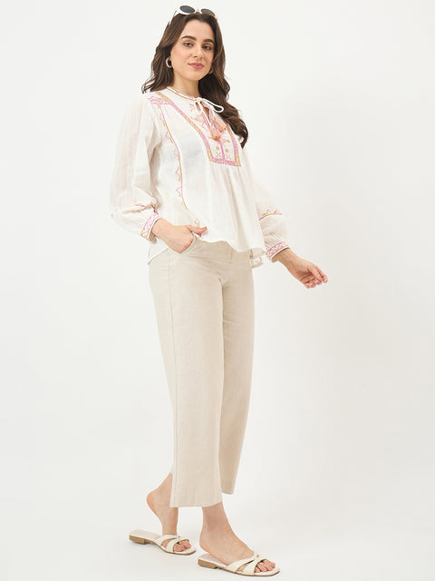 Madame Off-White Embroidered Cotton Mandarin Top