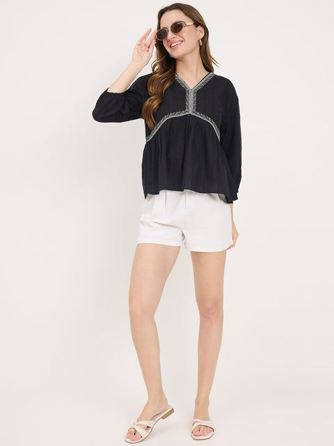 Madame Black Cotton Ruched V-Neck Puff Sleeve Top