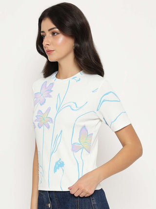 Madame Floral Print Sequin Detailed White T-Shirt