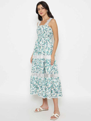 Madame Laced Floral Print White Midi Dress