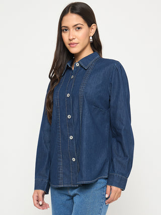 Madame Pintuck Detailed Mid Blue Denim Shirt