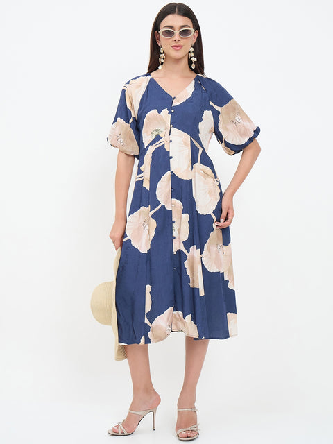 Madame Navy Blue Floral Printed Dress