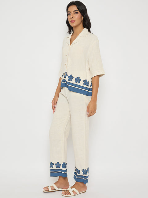 Madame Contrast Detailing Rayon Blend Beige Co-ord Set