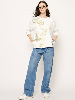 Madame Printed Crew Neck White Sweater