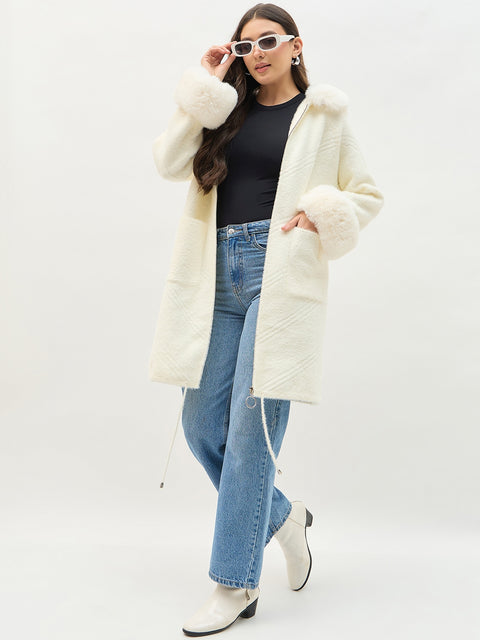 Madame Faux Fur Detailing Off White Long Shrug