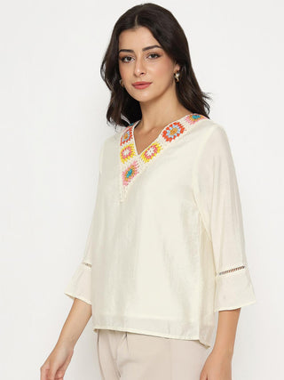 Madame Embroidered Neckline Rayon Blend Beige Top