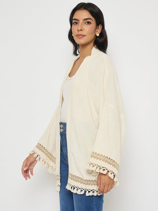 Madame Crochet Lace Trim and Tassel Detail Beige Shrug