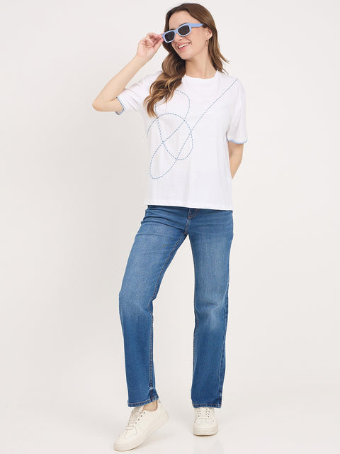 Madame Mid Blue Cotton Straight Fit Double Wash Jeans