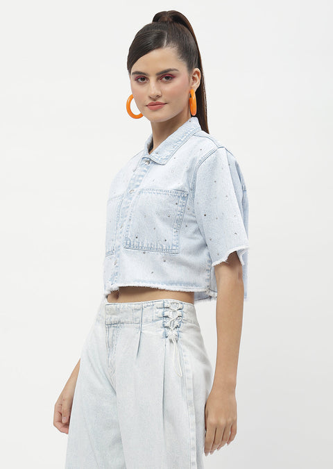 Madame Shanaya Kapoor Embellished Ice Blue Denim Crop Shirt