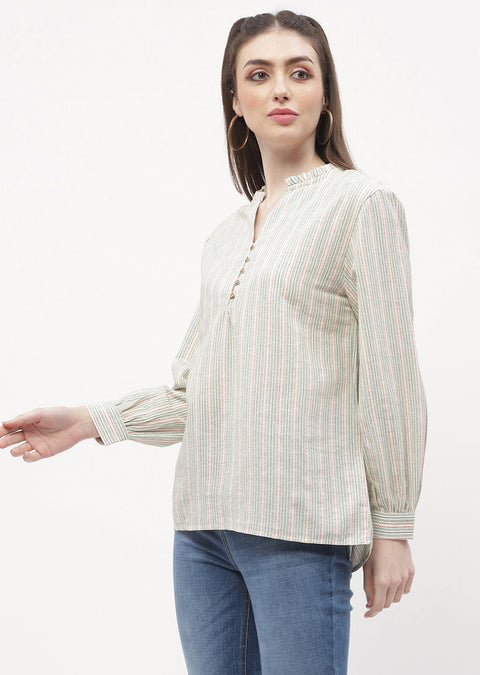 Madame Ruffle Mandarin Collar Green Striped Top