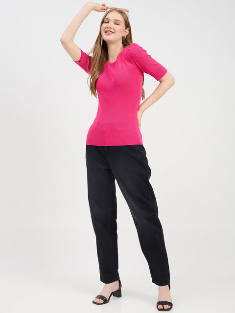 Madame Puff Sleeves Hot Pink Knit Top