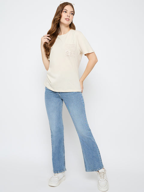 Madame Embroidered Patch Pocket Beige Cotton T-shirt