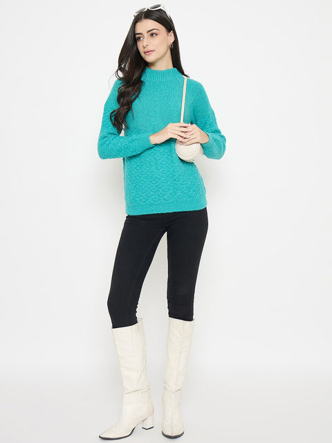 Madame Textured Mock Neck Peacock Green Acrylic Sweater