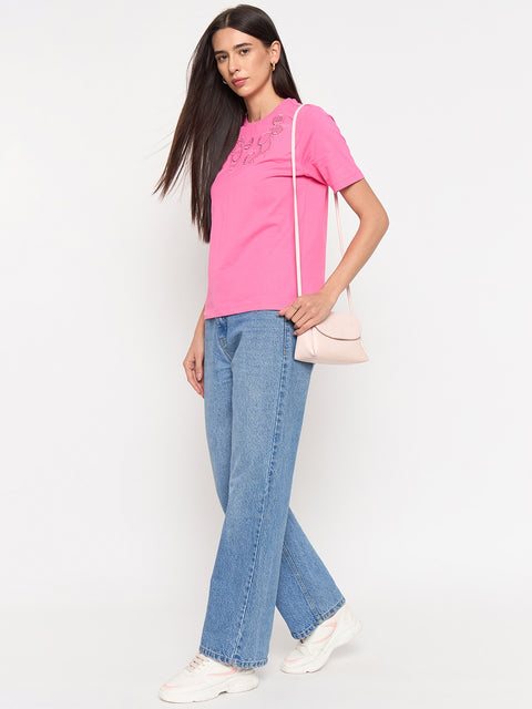 Madame Pink Cotton Half-Sleeve T-Shirt