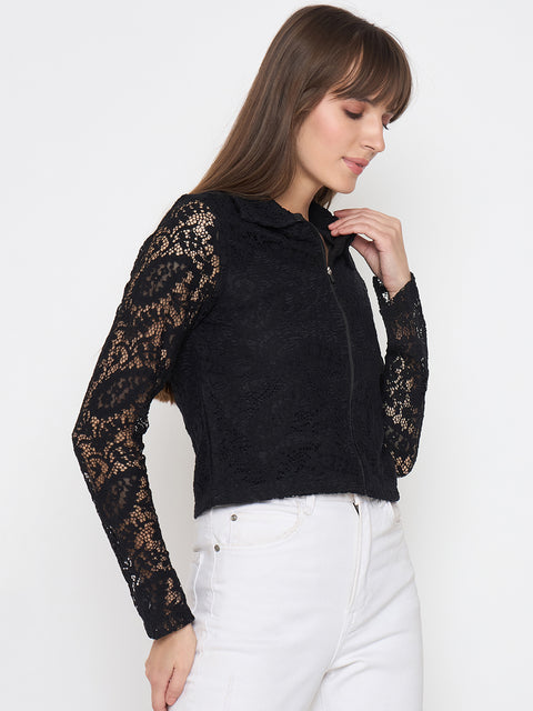 Madame Lace Zipper Cotton Blend Solid Black Top