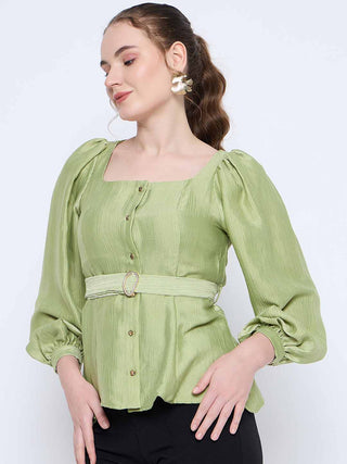 Madame Green Rayon Blend Square Neck Belted Button Front Top