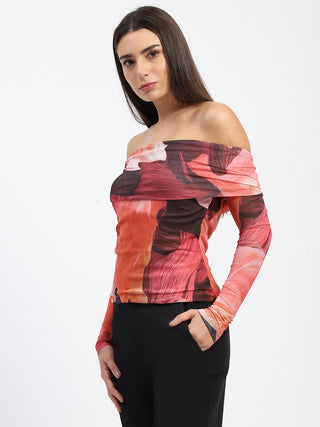 Madame Off Shoulder Semi Sheer Abstract Print Orange Top