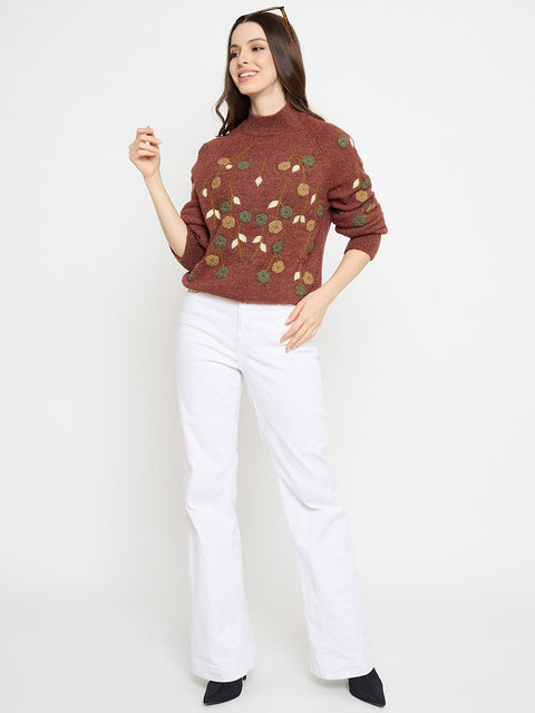 Madame Floral Embroidered Brown Pullover Sweater