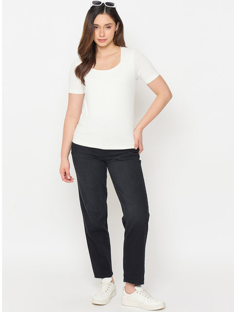Madame White Rayon Blend Solid T-shirt