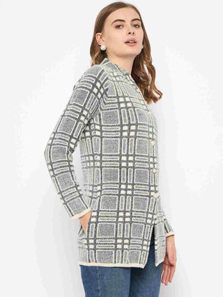 Madame Plaid Pattern Buttoned Black Cardigan