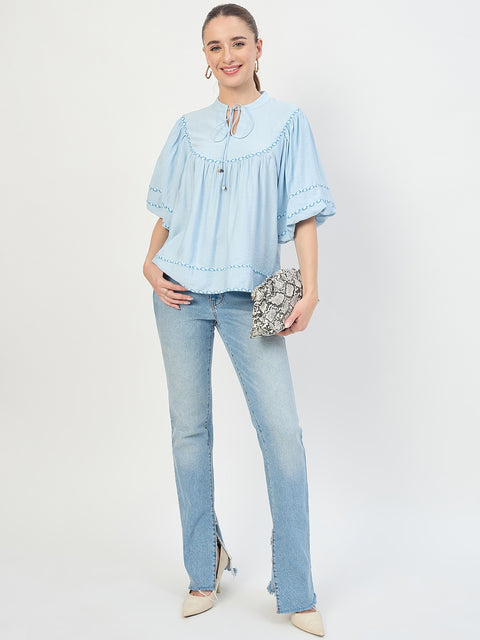 Madame Blue Aura Rayon Ruffle Top with Embroidery Trim