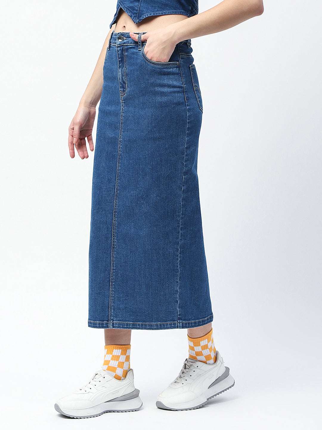 Madame Solid Mid Blue Cotton Blend Maxi Denim Skirt