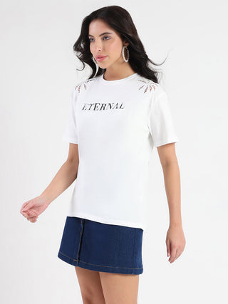Madame Printed Embroidery Cutwork White Crop T-shirt