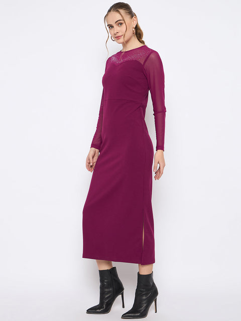 Madame Swarovski Detailed Solid Plum Round Neck Knitted Maxi Dress