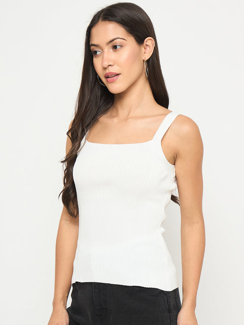 Madame Ribbed Sleeveless White Knitted Top