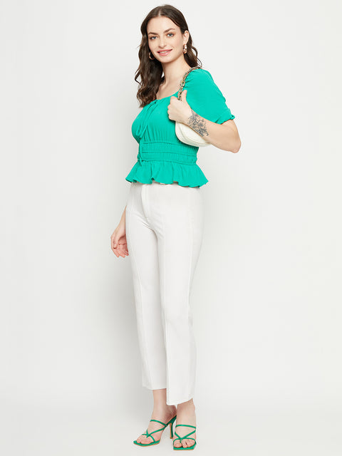 Madame Ruched Waist Tie-Front Green Peplum Top