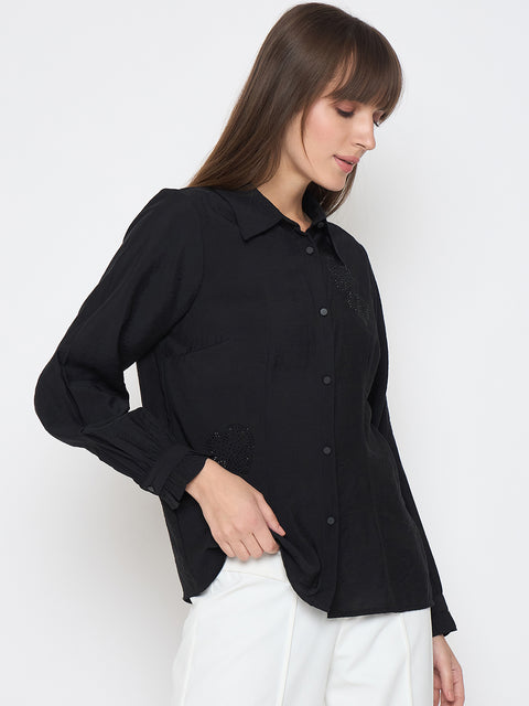 Madame Nylon Blend Heart Embellished Buttoned Black Shirt