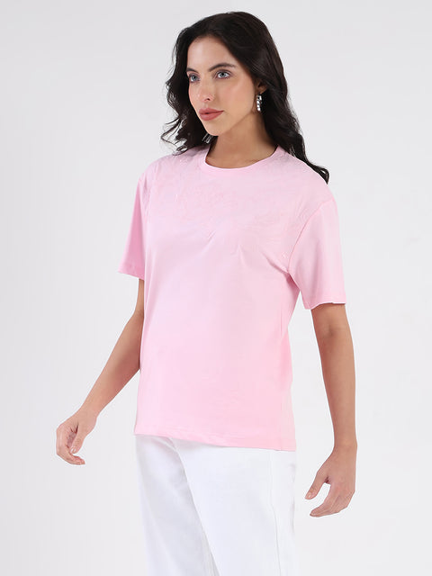 Madame Embroidered Half Sleeve Pink Cotton T-shirt