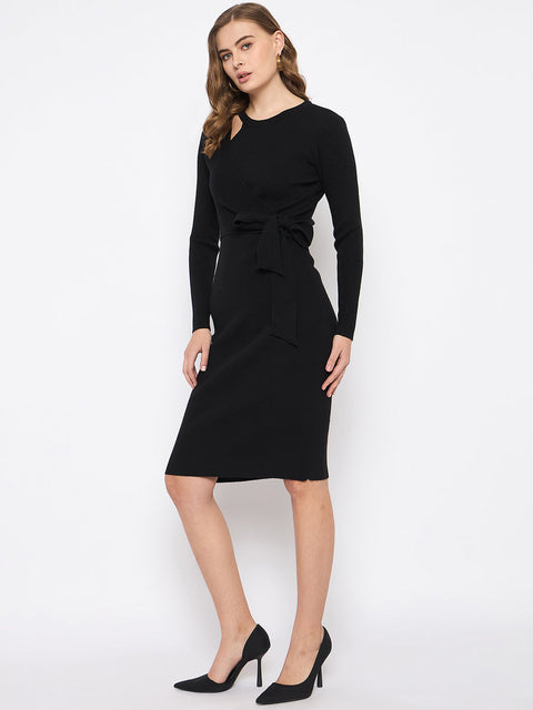 Madame Full Sleeve Tie Waist Black Knit Dress