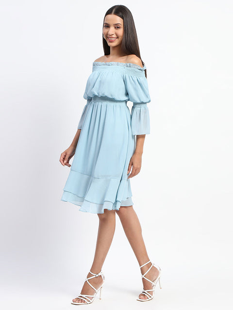 Madame Off Shoulder Cinched Waist Aqua Blue Midi Dress