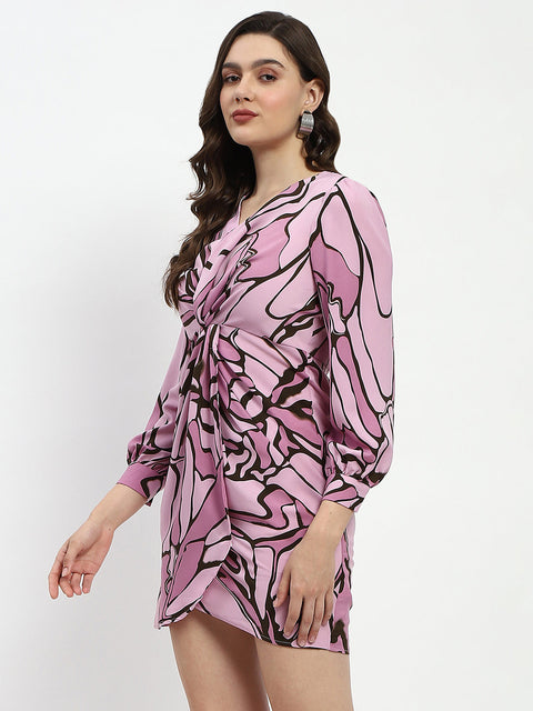 Madame Butterfly Print Wrap Style Surplice Neck Mauve Mini Dress