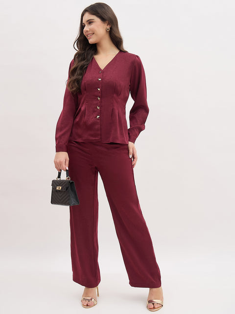Madame Maroon V-Neck Co-ord Set