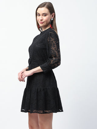 Madame Sheer Embroidered Belted Mini Black Mesh Dress