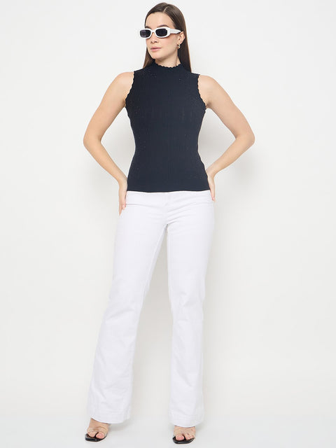 Madame Metallic Fabric Black Sleeveless Sweater