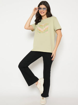 Madame Printed Pear Green Cotton T-shirt