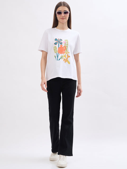Madame Floral Print White Cotton T-Shirt