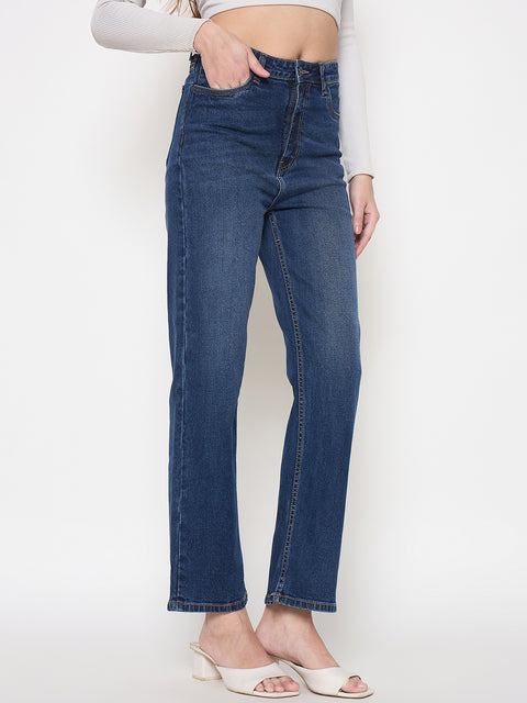 Madame Cotton Blend Rolled Hem Dark Blue Straight Jeans