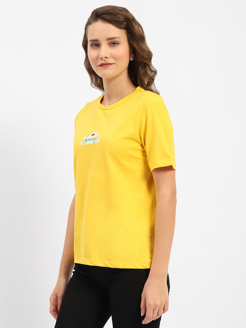 Madame Graphic Printed Round Neck Cotton Yellow T-Shirt