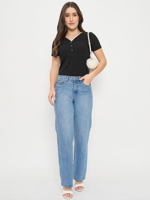 Madame Black V-Neck T-Shirt with Button Placket