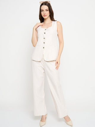 Madame Striped Top and Straight Bottoms Off White Co-ord Set