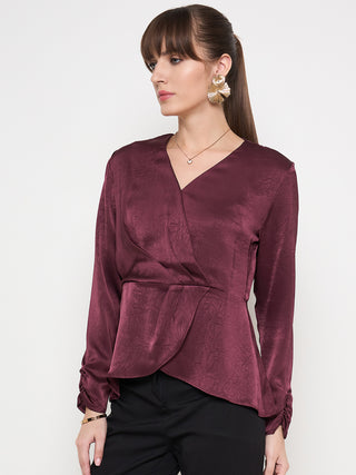 Madame Solid Maroon Overlap Asymmetrical Ruched Sleeve Satin Top
