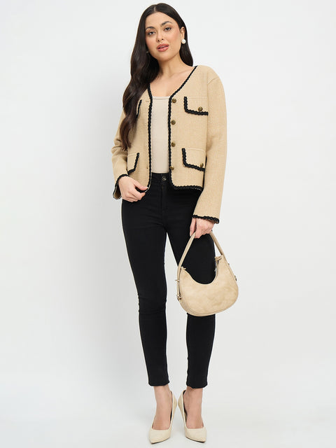 Madame Contrast Trim Brown Cardigan