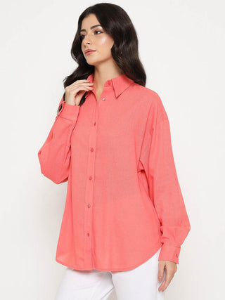 Madame Linen Blend Solid Light Coral Shirt