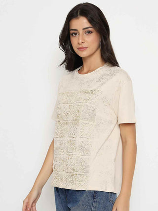 Madame Dori Embroidery Cotton Blend Beige T-shirt