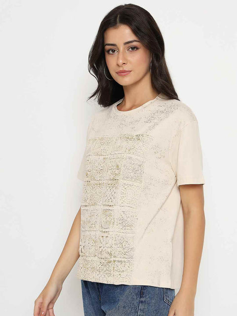 Madame Dori Embroidery Cotton Blend Beige T-shirt