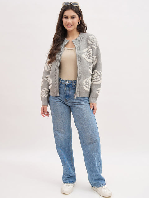 Madame Floral Design Printed Grey Sweater